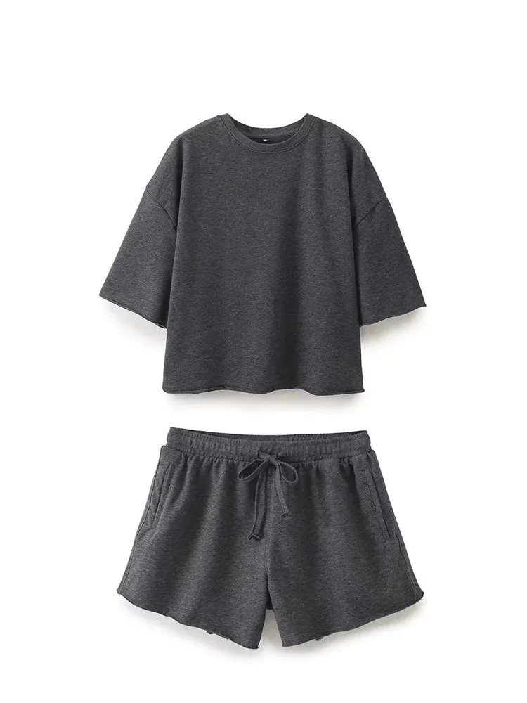 HH المرأة خمر الصلبة تي شيرت مجموعات قصيرة س الرقبة قصيرة الأكمام قمصان أعلى مرونة الخصر فضفاض السراويل الربيع قطعتين مجموعة