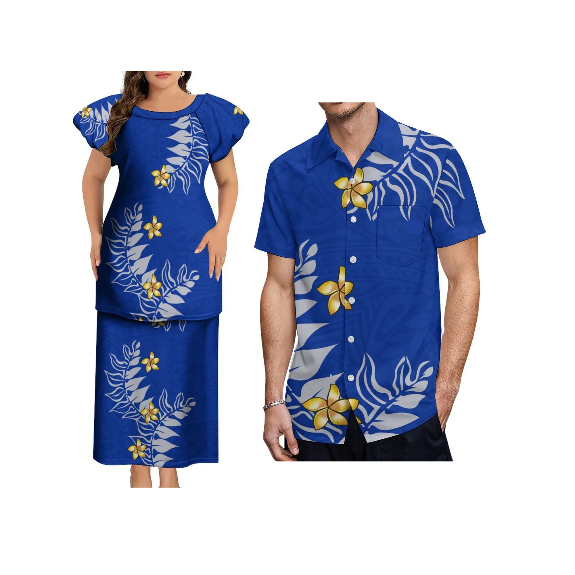 New Polynesian Print Design Puletasi Samoan  Dress Customized Women O Neck Puff Sleeve Casual Dress 2 Pcs