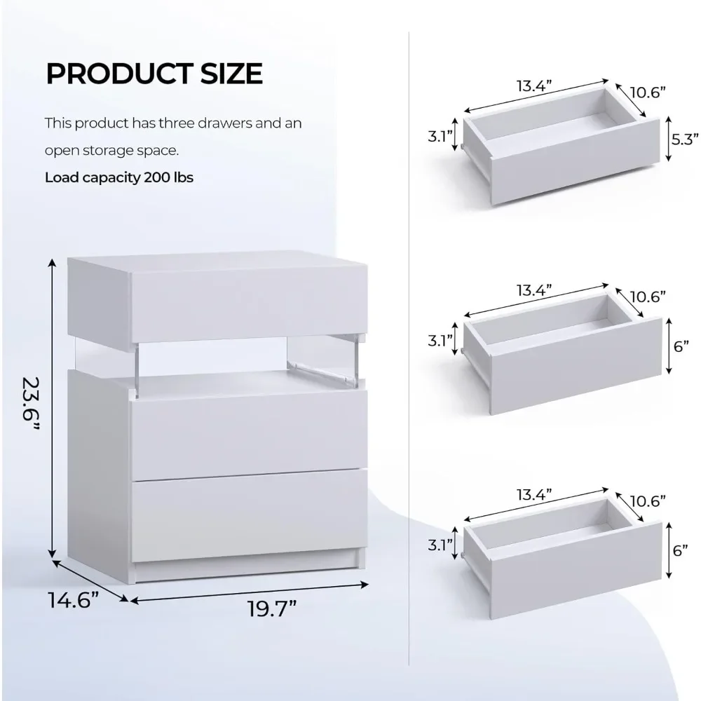 Comodino a LED con cassetti, set di 2 comodini per camera da letto