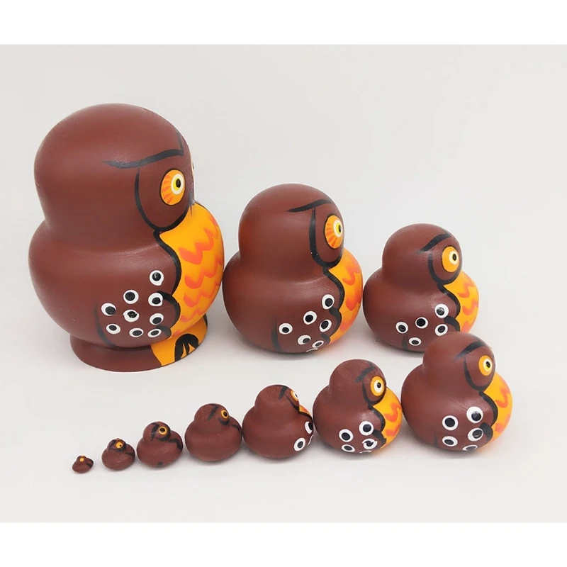 10pcs Cartoon Big Belly Brown Owl Wooden Russia Nesting Dolls Matryoshka for Kids Children Birthday Gift