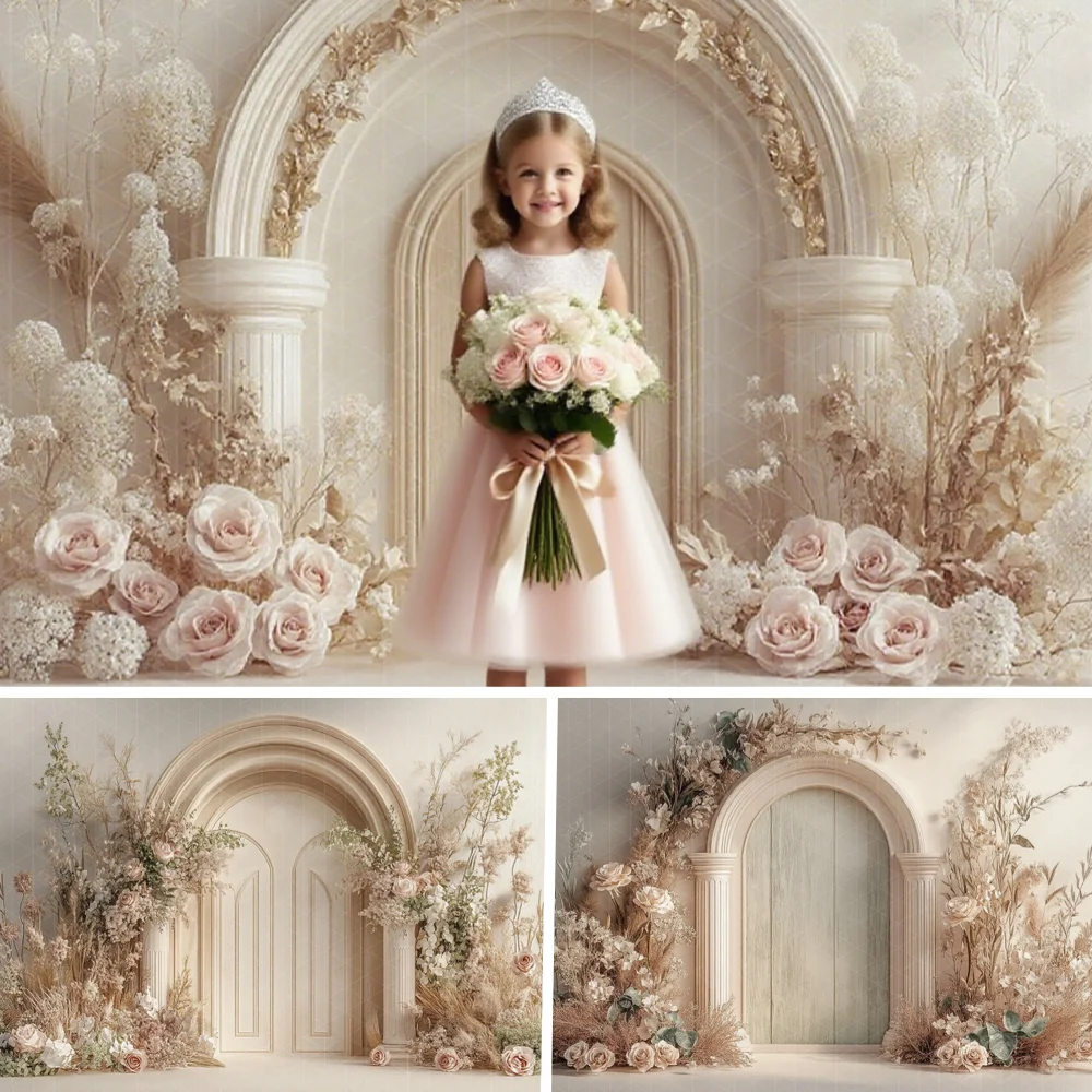

Boho Flower Arched Wooden Door Photography Backdrop Pampas Grass Decor Kids Portrait Wedding Maternity Background Photo Studio