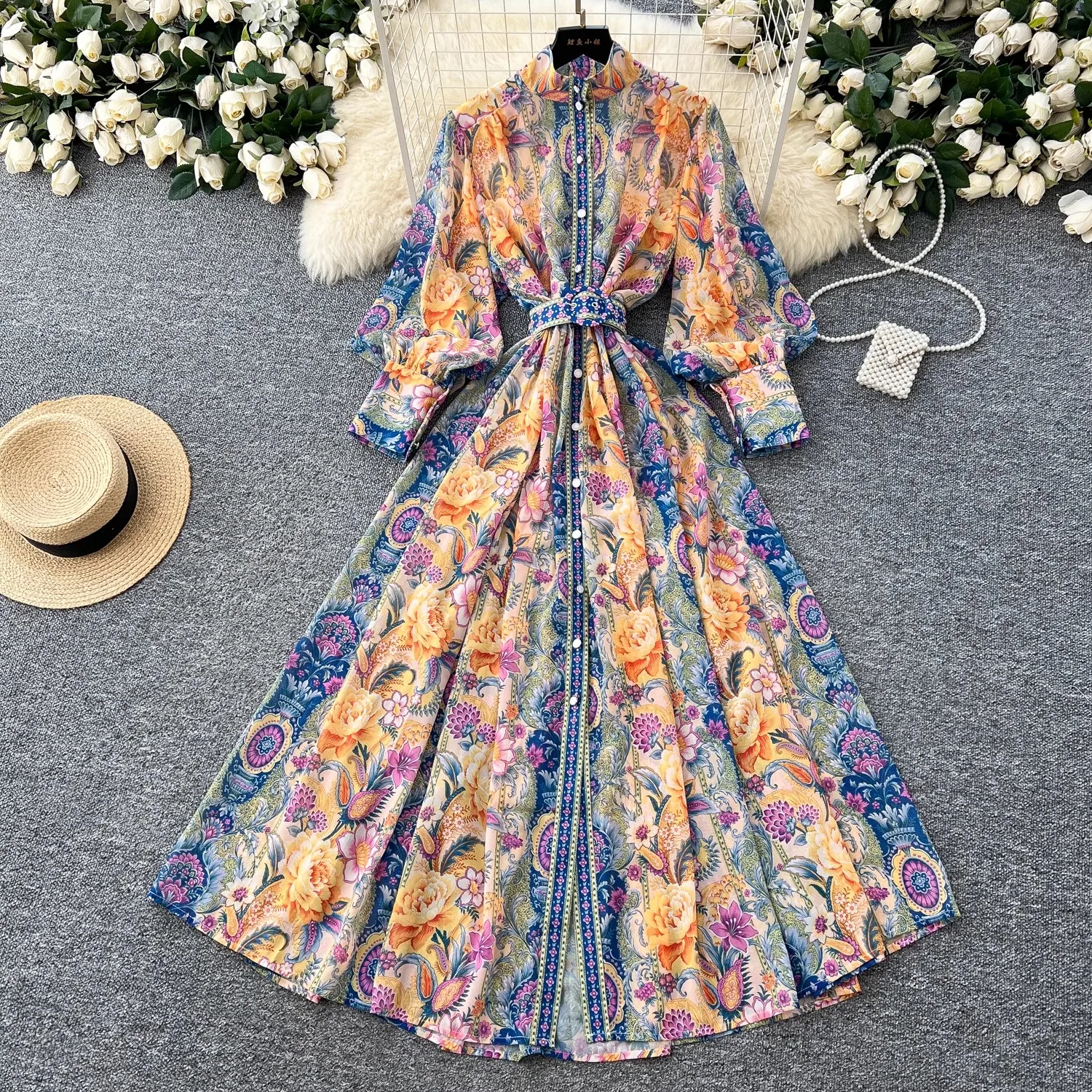 Fashion Bohemain Flower Maxi Dress Women's Stand Collar Long Lantern Sleeve Single Breasted Floral Print Belt Boho Robe Vestido