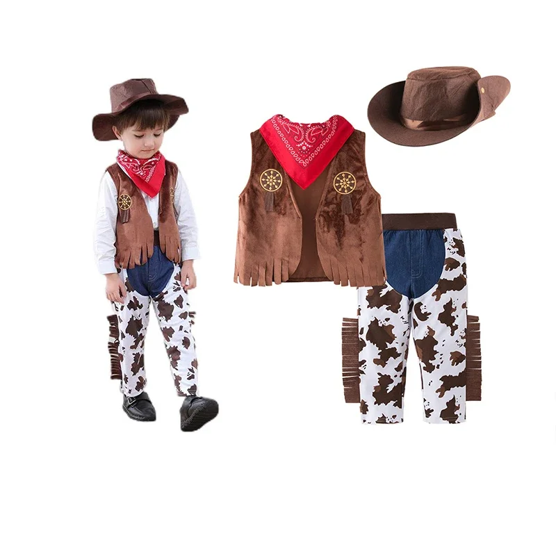 Disfraz de vaquero para bebé, conjunto de 3 piezas, sombrero, bufanda, pelele, evento de Halloween, cumpleaños, vacaciones, trajes de Cosplay, 0-10 años