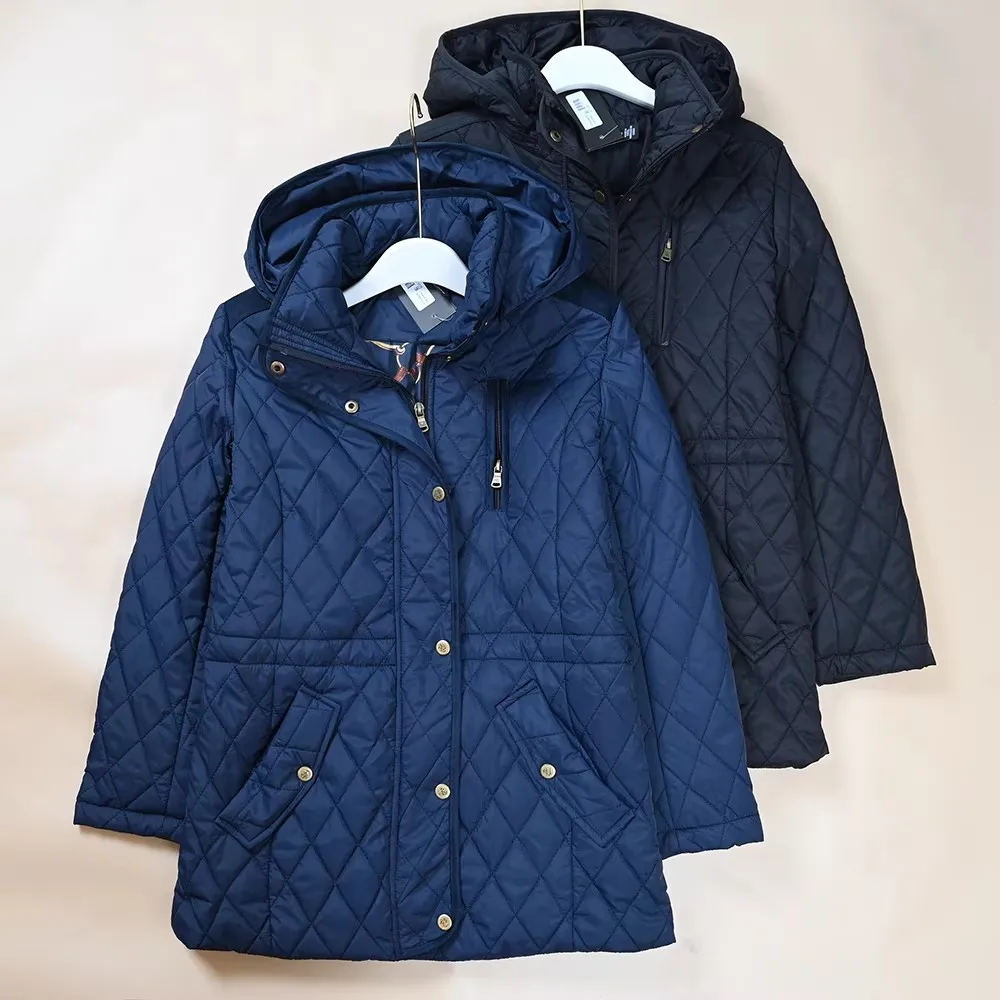 

Casual Women's Cotton Jacket Detachable Hood Waist Cinching Diamond Stitching Top Zipper Closure Mid-Length Coat
