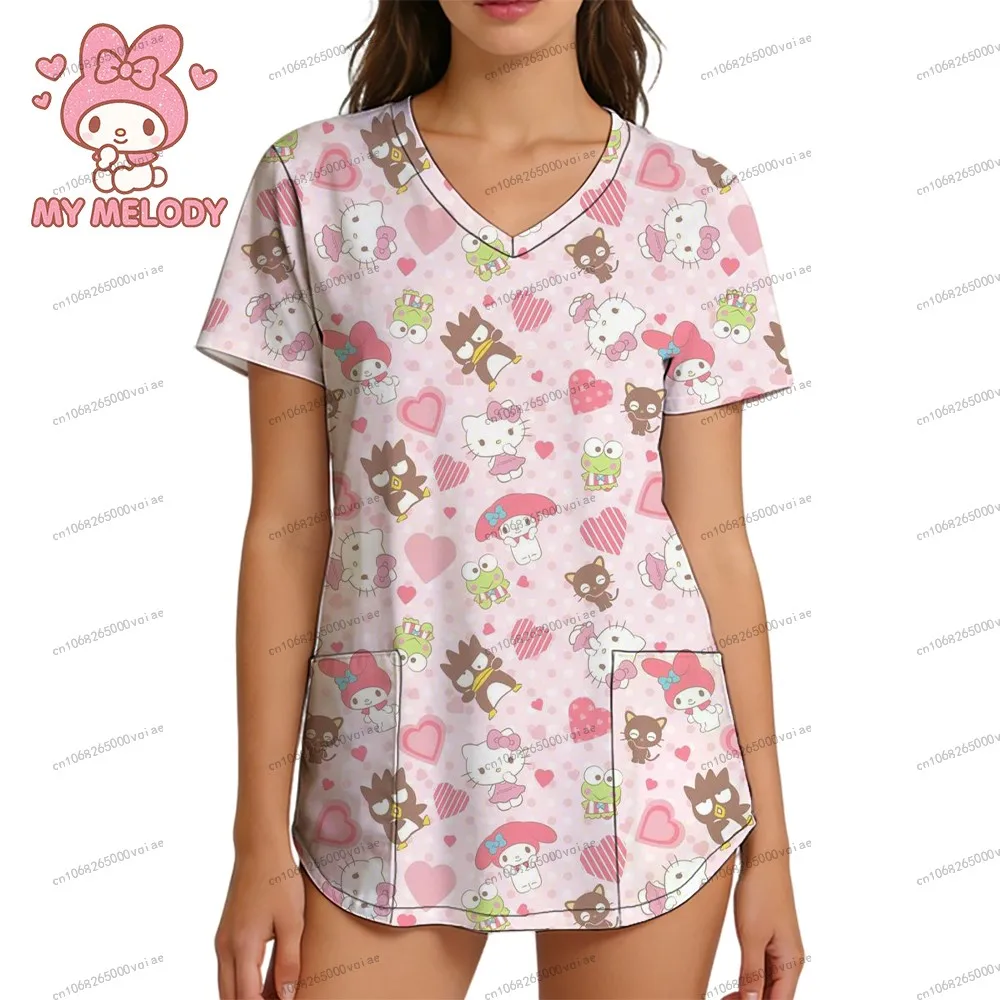 

My Melody Nurse Uniform Women's T-shirt Top Sanrio Fashion V Neck T-shirt Woman Clothes Pocket Trend Shirts Leisure S-2XL Summer