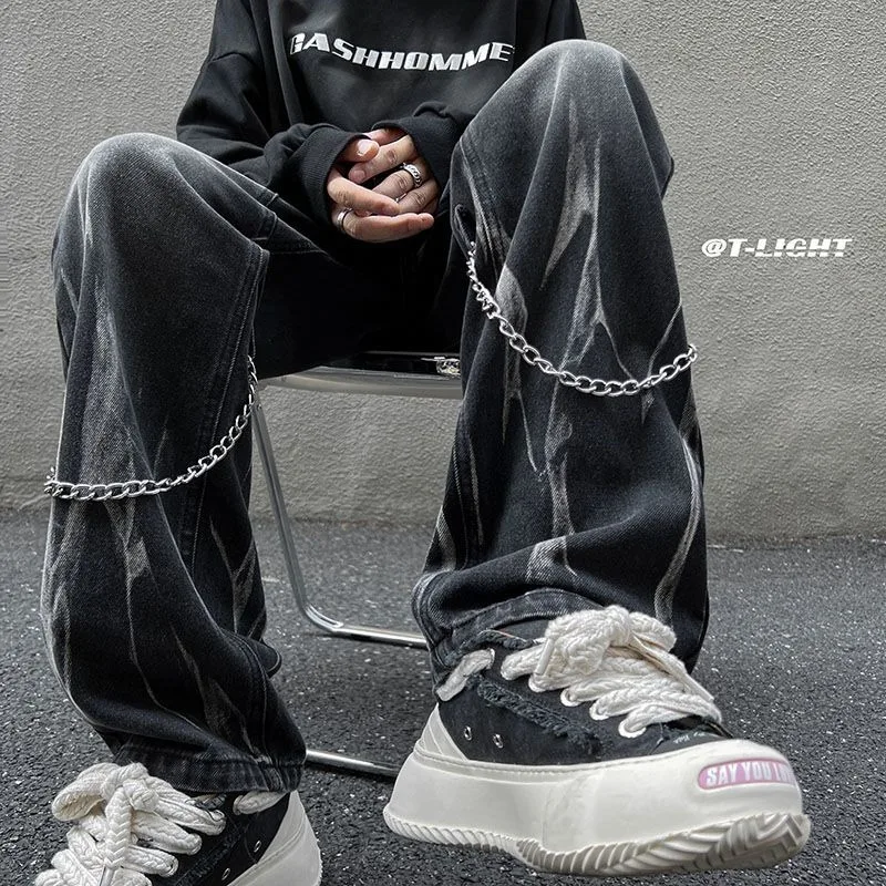 

Foufurieux High Street Tie-dye Jeans Chain Decor Straight Denim Pants Men Baggy Fashion Jean Pants Loose Casual Mens Clothing