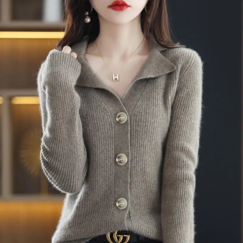 Autumn Winter Women\'s Pullover V-Neck Button Solid Screw Thread Turn-down Collar Long Sleeve Slim Sweater Knit Coat Casual Tops