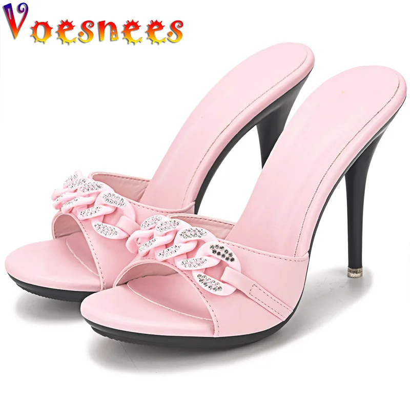 Candy Color High Heel Slippers Women Pumps Fashion Design Antiskid Scuffs Sole Ladies Shoes New Summer Rhinestone Chain Sandals