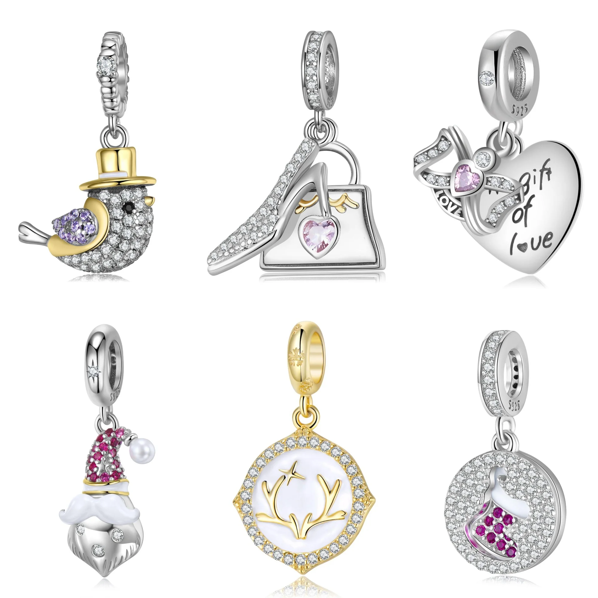 925 כסף סטרלינג גרביים אהבה יגון עקבים גבוהים תיקי יד קשת לב קסם תליון לנשים צמיד ביצוע accessorie