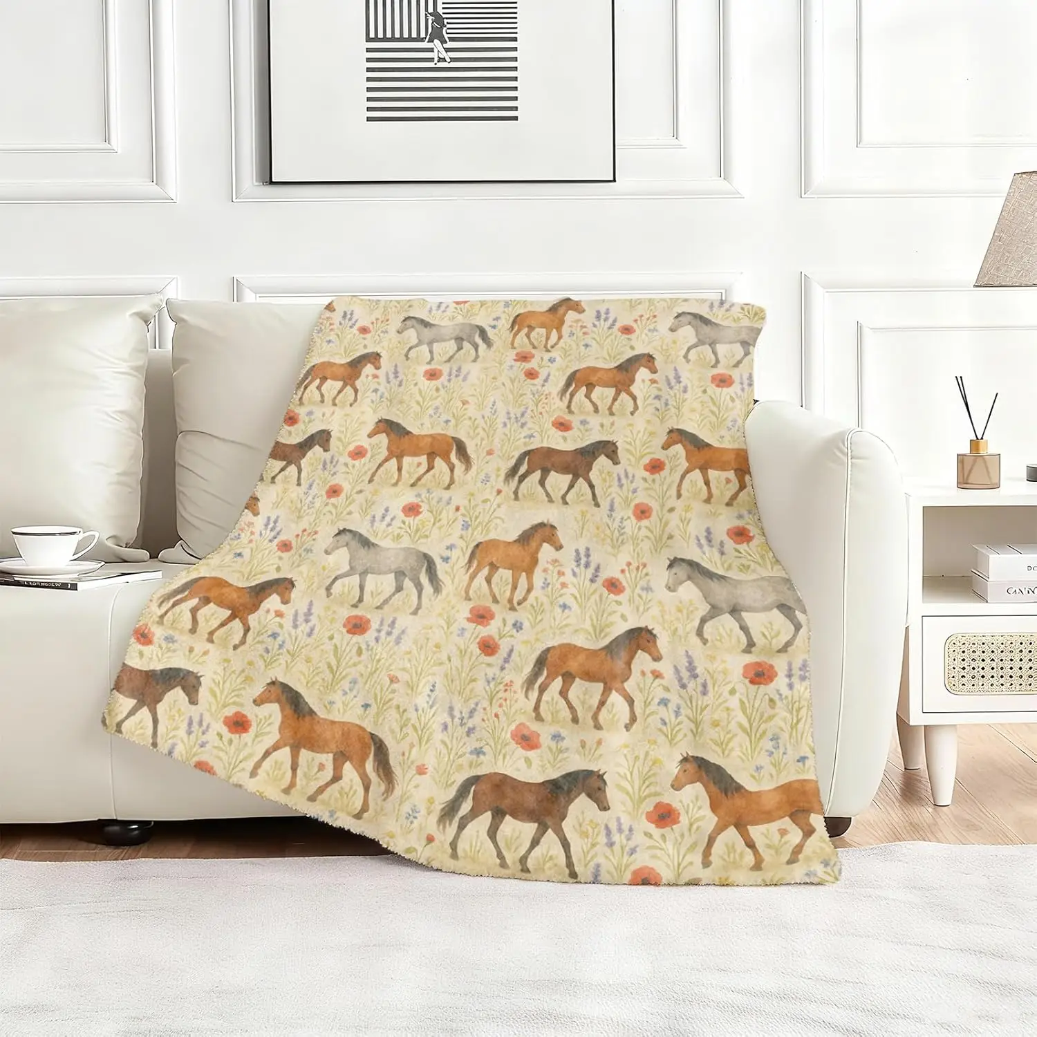 Boho Horse Floral Tapestry Wall Hanging Throw Blanket Spring Decor Equestrian Pattern Boho Style Living Room Accent Home Decor
