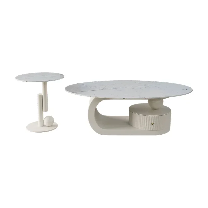 

Coffee table, living room household small apartment, Italian light luxury oval rock slab coffee table combination cream style