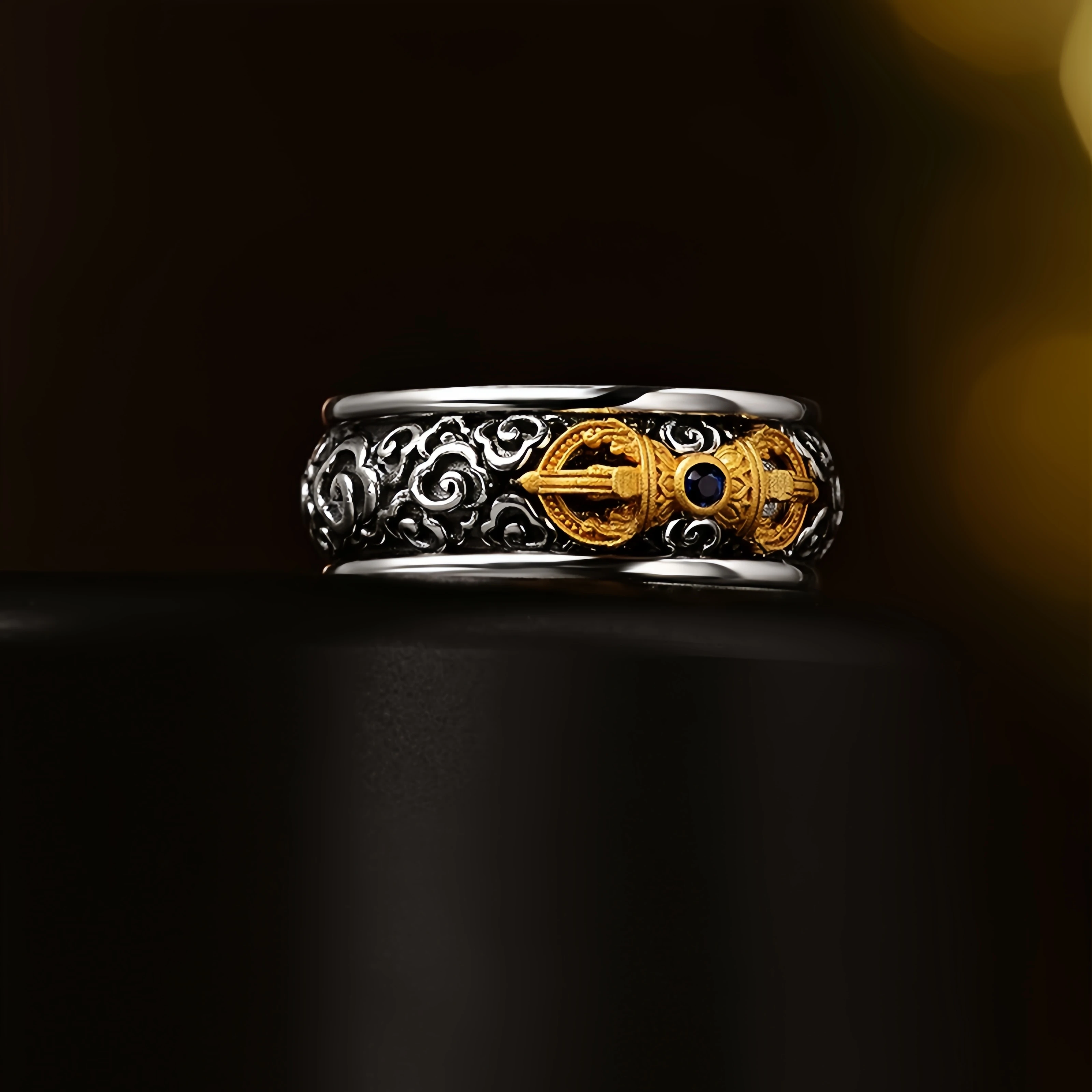 Retro Golden Vajra Adjustable Open Ring For Men Gothic Punk Edgy Silver-plated Copper Jewelry Tibetan Accessories Blessing Gift