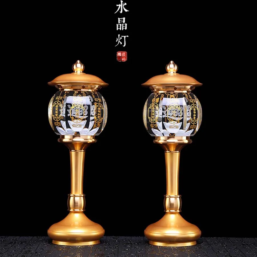 A PAIR 26cm large high grade Buddhism HOME Temple shrine enshrine worship bring wealth money good luck buddha crystal lamp