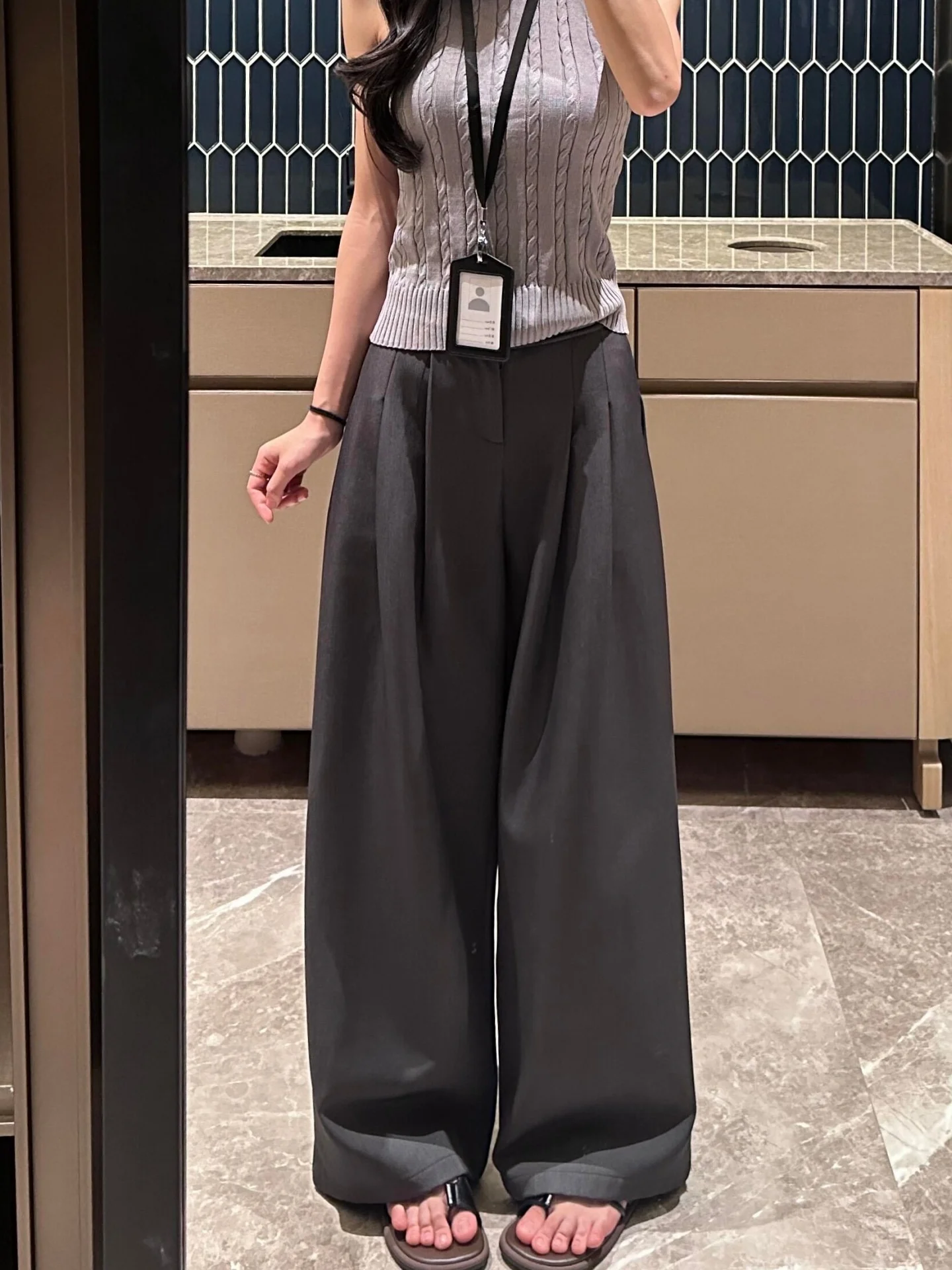 High Waist Wide Leg Suit Pants for Women Casual Loose Fitting Floor Length Trousers Low Waist Money Snap Style Spring Autumn