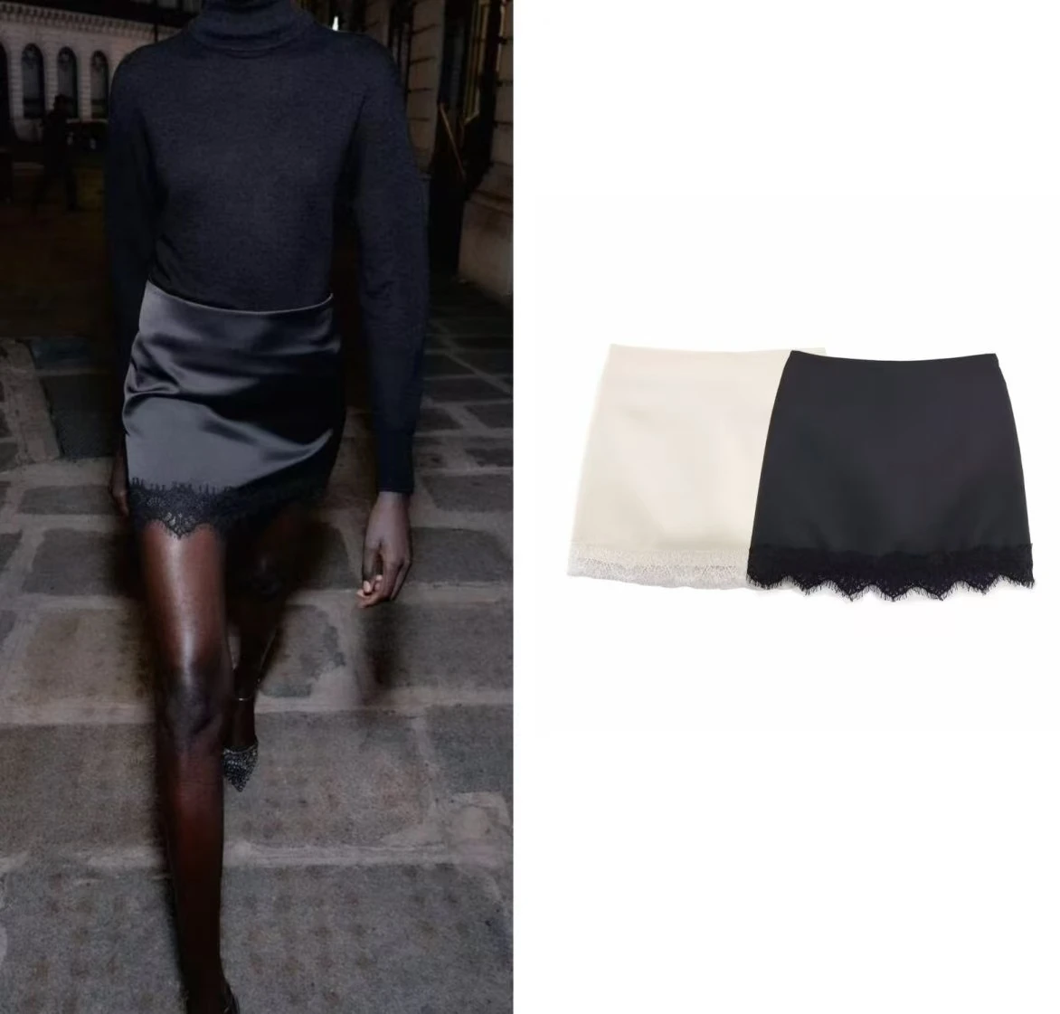 Fasionable Elegant High Waist Silk Satin Skirt Woman with Lace Hemline Women New Versatile Comfortable Zipper Closure Skirt