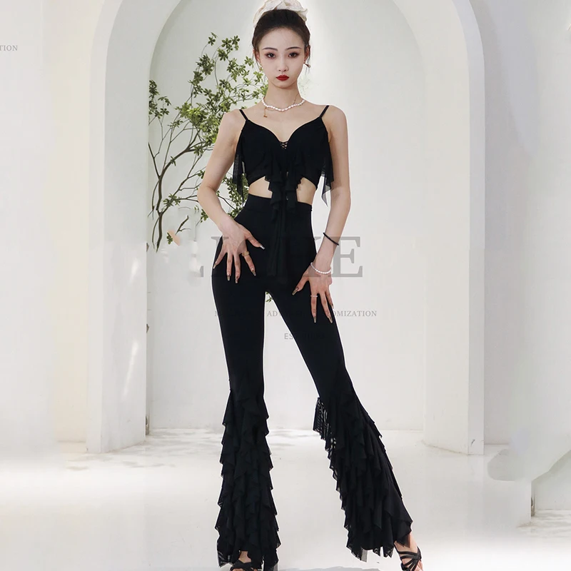 

New V-Neck Mesh Sling Tops With Tassel Swing Pants Latin Dance Suit For Women Chacha Rumba Tango Latin Practice Clothes DQS14119