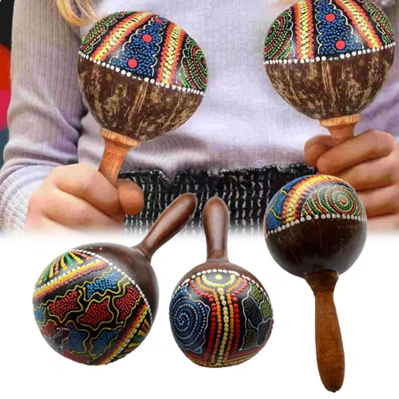 1pc Natural Coconut Shell Sand Hammer Shaker Hand Handmade Maracas Professional Percussion Musical Instrument For Boys And Girls