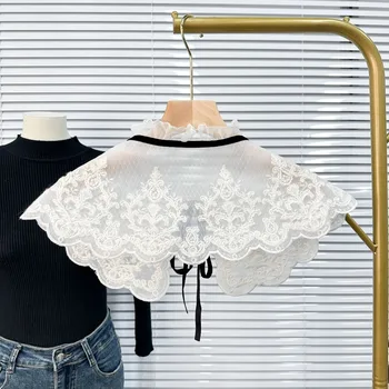 女性のレースのフロントプラケットカラー、オーガンザの刺embroidery、偽のショール、取り外し可能なシャツの襟、ファッション