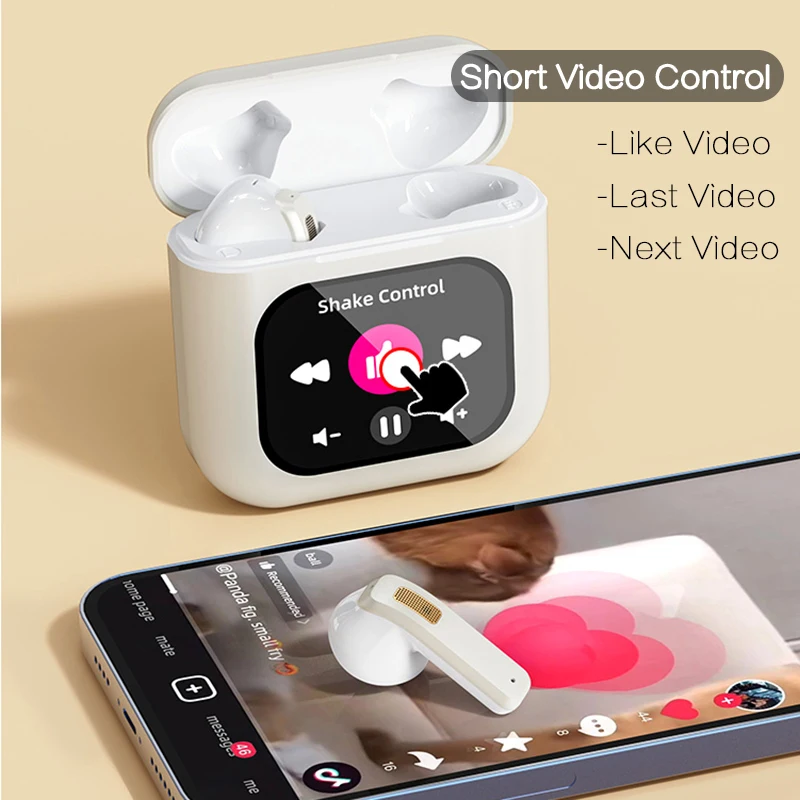 VAORLO Casque sans fil à écran tactile TWS 8 Go MP3 Bluetooth 5.3 Prévisions météo Rappels d'alarme 18 paramètres de langues Écouteurs avec microphone