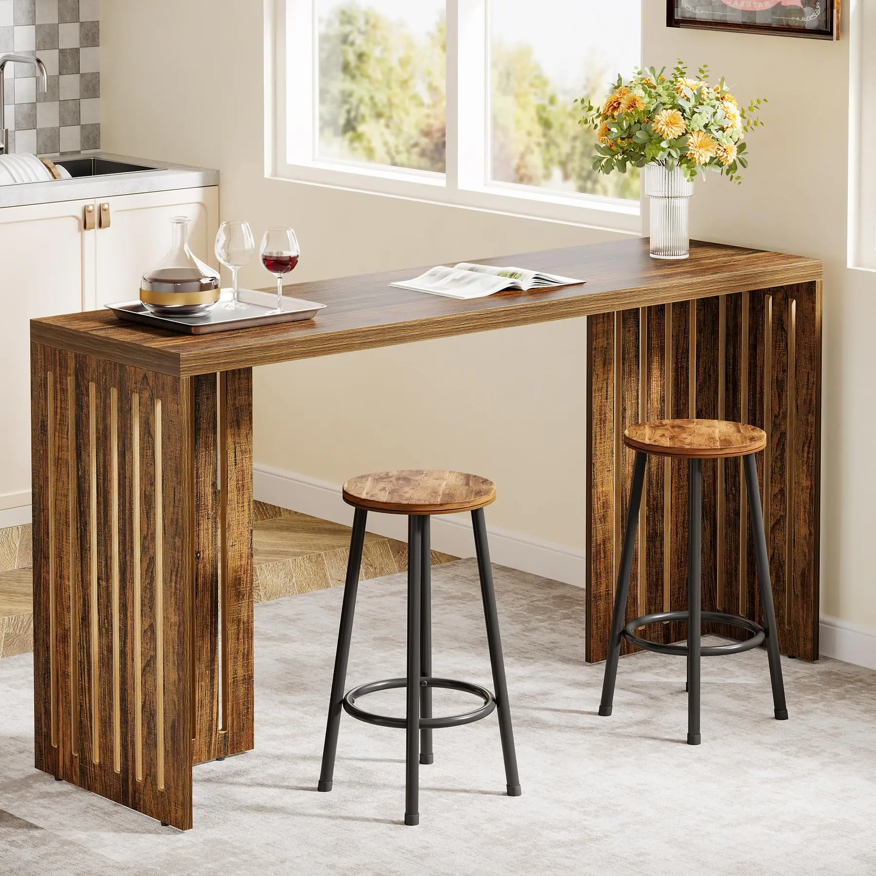 

Rustic Brown 63-Inch Rectangular Industrial Bar Table With Vertical Slatted Legs For Small Kitchen Or Dining Area