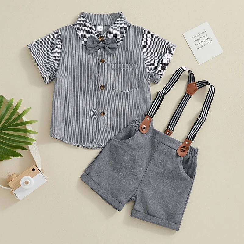 Toddler Kid Clothes Boy Summer Baby Boys Clothing Stripe Pattern Short Sleeve Shirt with Suspender Shorts Set Gentleman Outfit