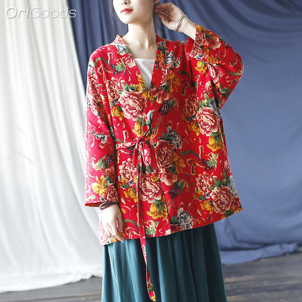 OriGoods Flower Print Red Kimono Shirt Women Japanese Vintage Clothing Cotton Linen Oversized Kimono Shirt Tops 2024 New X020