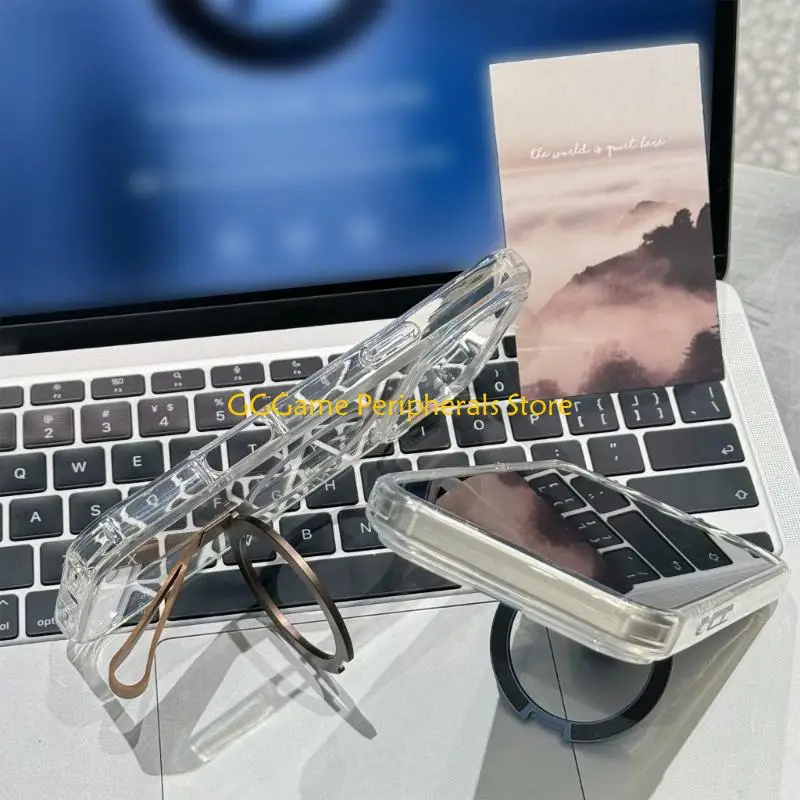 U55B حافظة هاتف بمسند مغناطيسي شفاف للهاتف سلسلة 15/16/17 مع سلك معصم مضاد للسقوط وحبل قابل للفصل