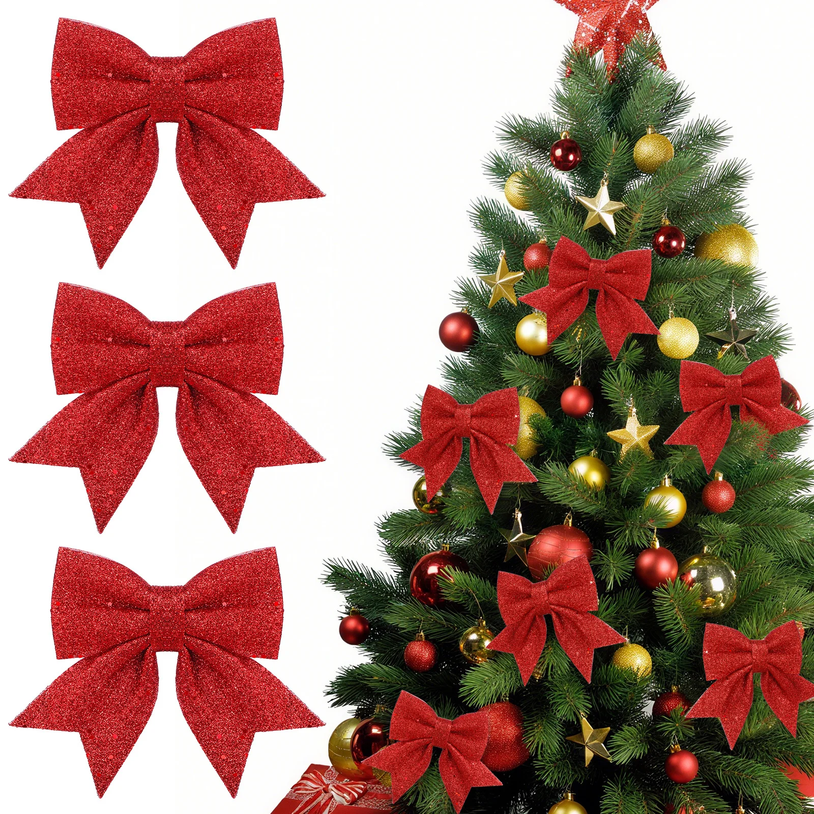 

6 Pcs Holiday Wedding Bows Christmas Tree Decorations White Red Hanging Pendants