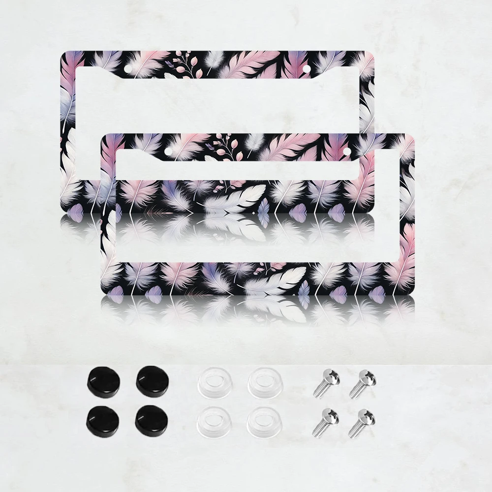 

2PC Feathers Printed License Plate Frame Colorful Boho Feathers License Plate Holder Aluminum Auto Parts Funny License Plate