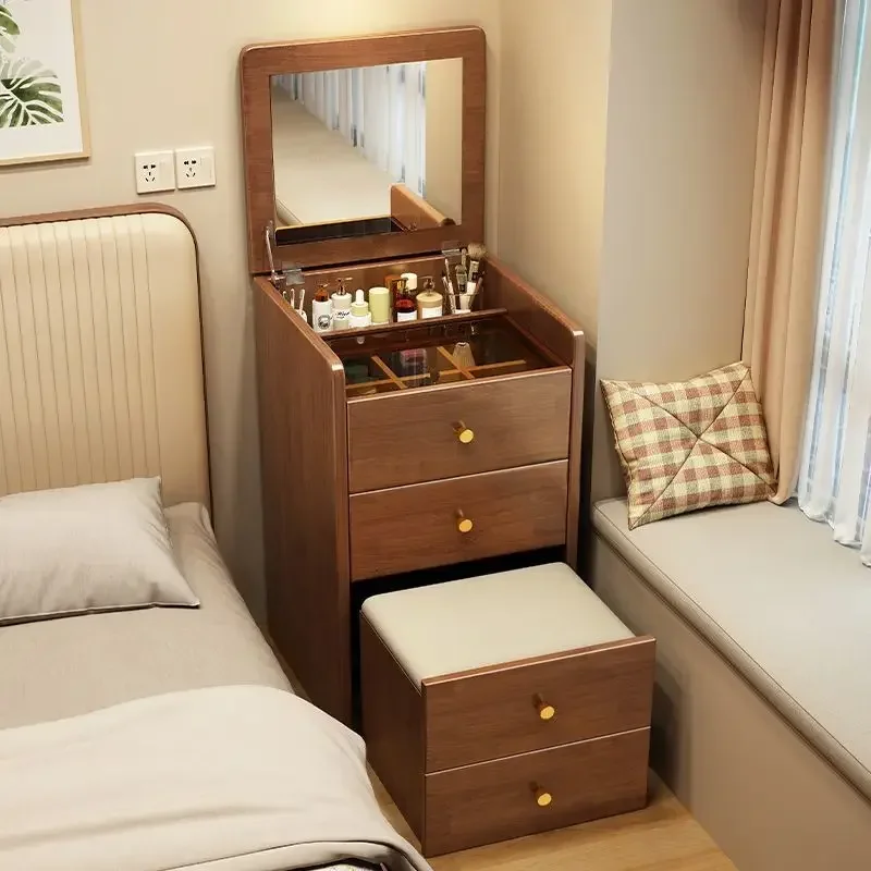 

Rubber wood flip dresser, small apartment, bedroom bedside chest integrated modern simple makeup table, multi-functional