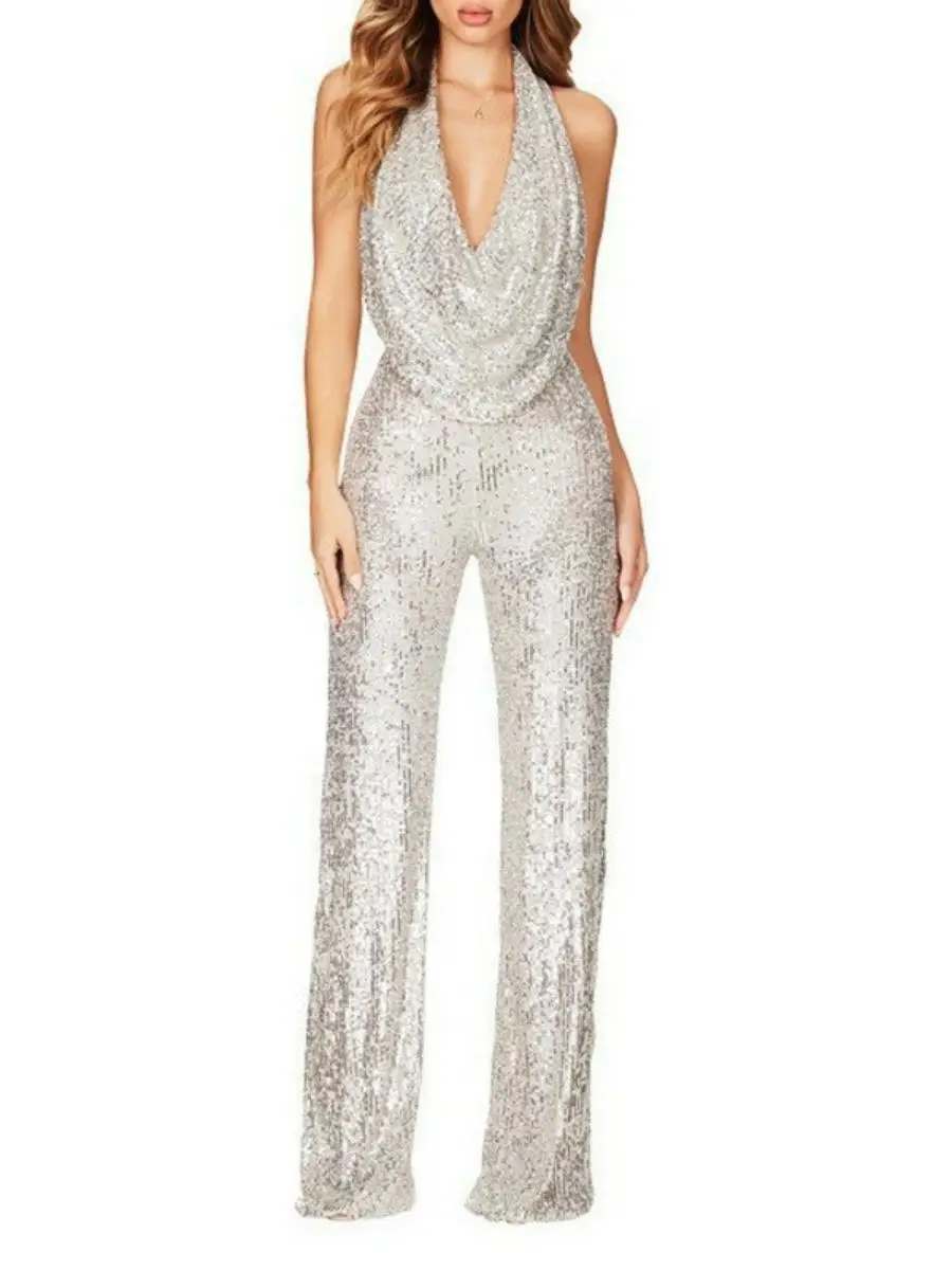 夏の女性用スパンコールオフショルダーワンピーススーツ、スリムなデザインのストレートレッグロングパンツ、ポリエステル生地