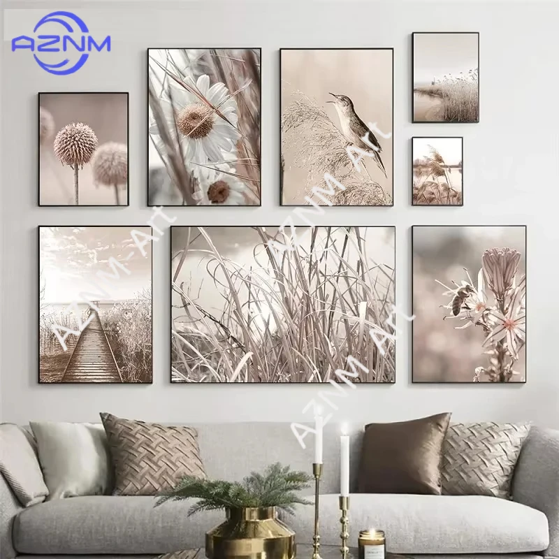 1PC ，Nordic Beige Landscape Art Reed Hay Poster Bridge Bird Consumption Ox Fox Poster Print Wall Art Pictures Canvas Painting