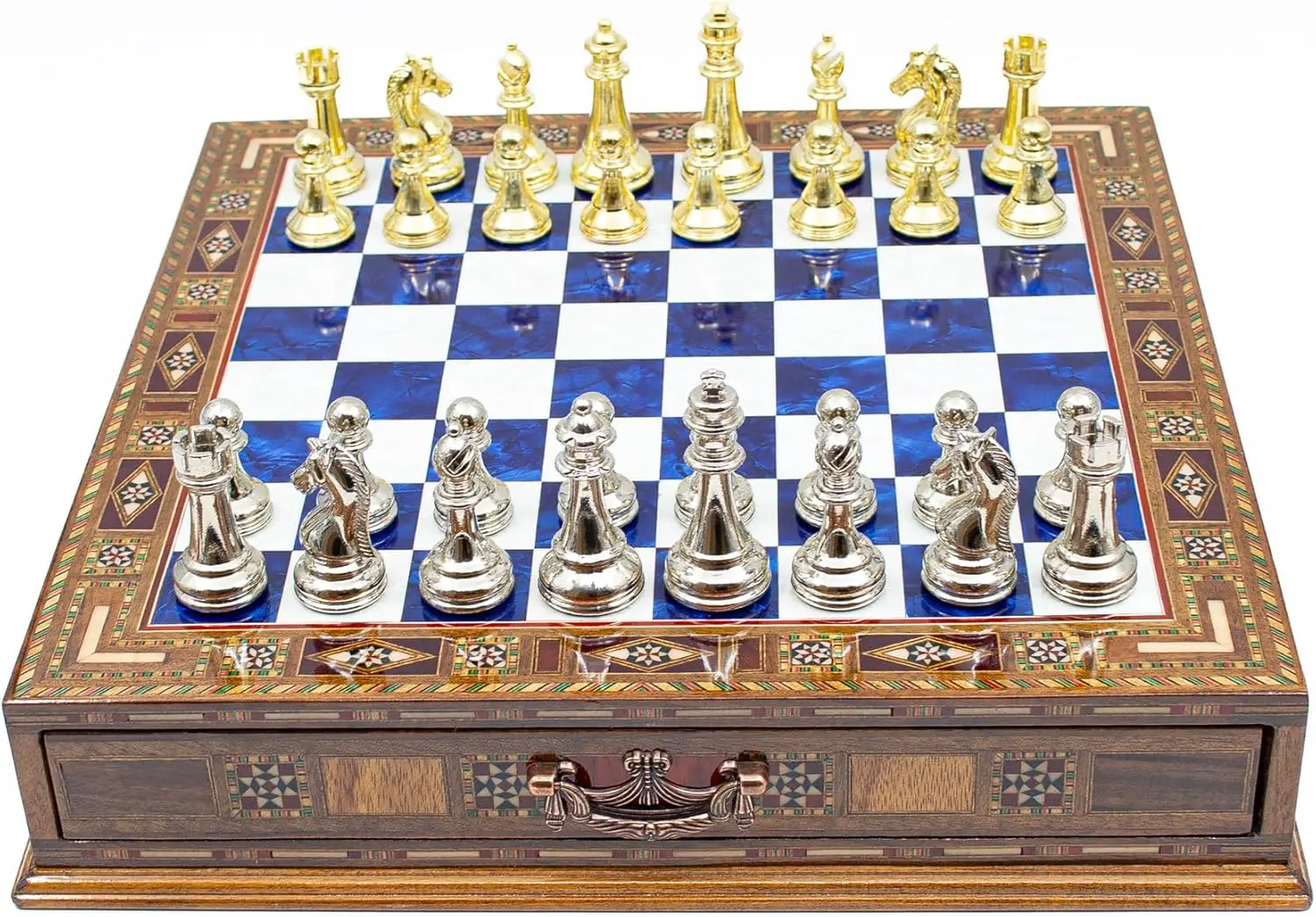 Handmade Chess Set with Drawer, Wooden Adult Chess Board with Storage, Premium Chess Set (32x32 Cm, Blue)