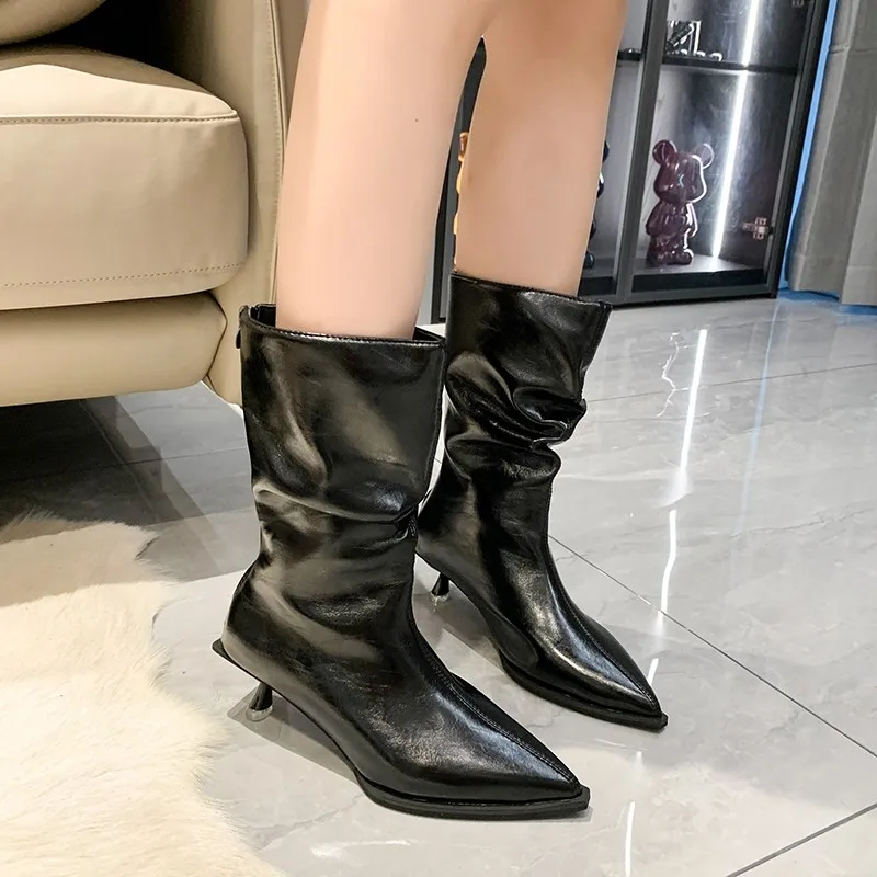 Small Heel Short Boots for Women 2024 New Pointed Thin Heel Mid Barrel Fold Stacked Boots Soft Leather Elastic Slim Boots