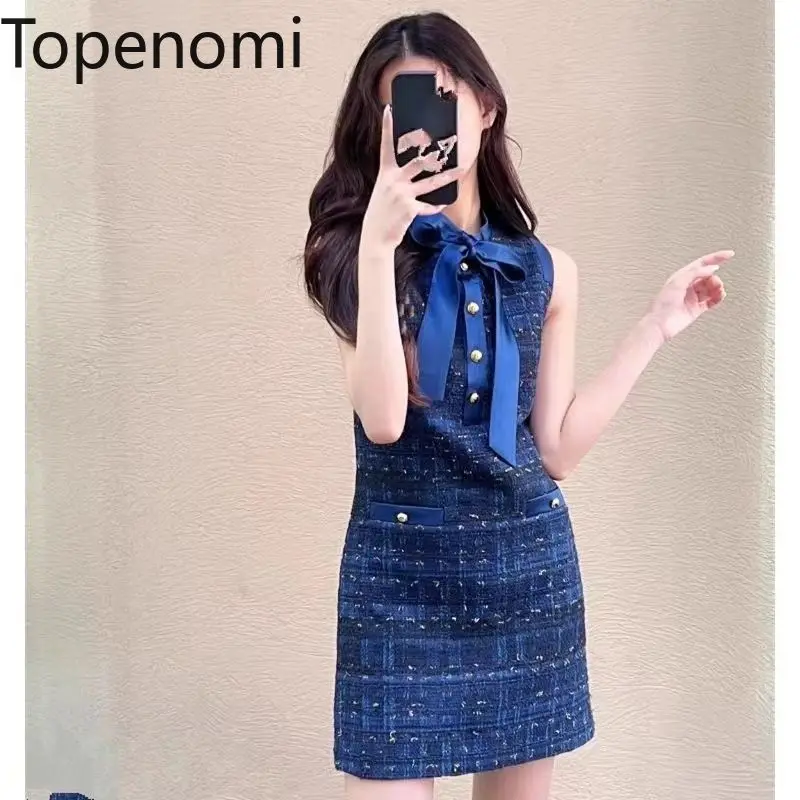 Topenomi Vintage Tweed Sleeveless Evening Dress Women French Elegant Bow Lace Up O-neck Waist Slim Cocktail Party Vestidos Gown