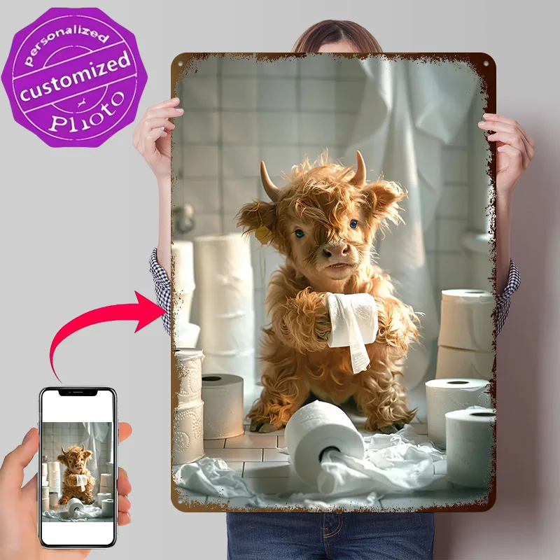 Panneau en métal vintage personnalisé avec impression 3D texture papier toilette Vache des Highlands pour décoration murale, salle de bain,