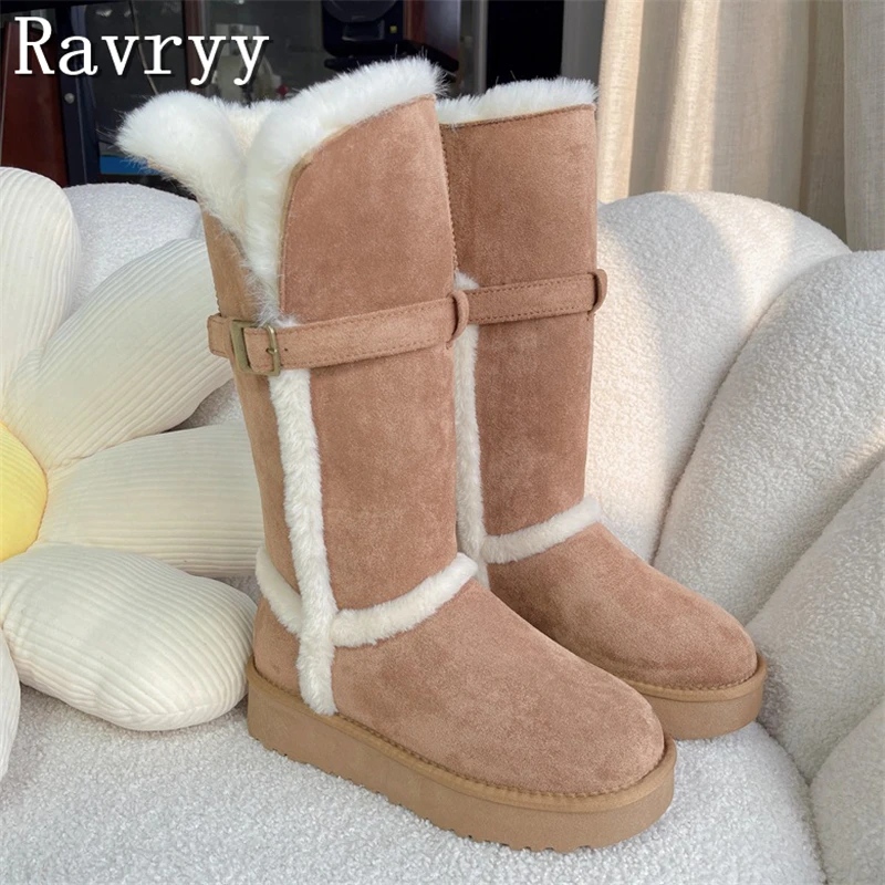 

New High Qulaity Faux Suede Snow Boots Women Brand Design Thick Sole Platform Fur Belt Buckle Mid-Calf Warm Boots