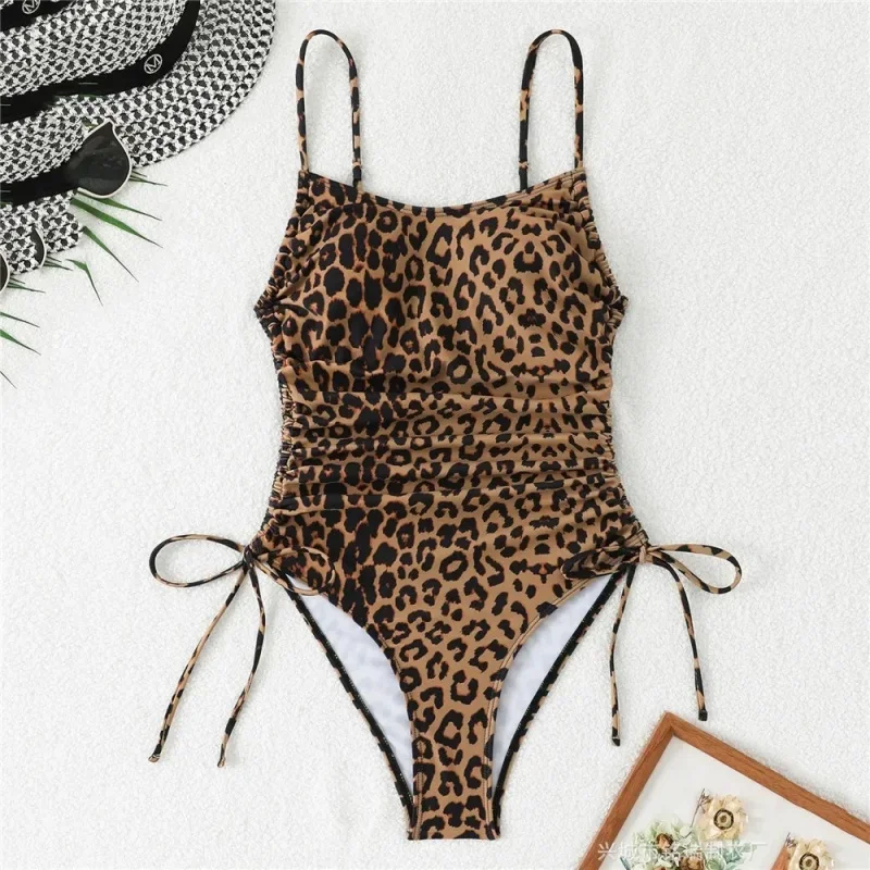 2026 Sexy Leopard Print Swimwear Women Slim Backless Side Drawstring Spaghetti Strap One Piece Swimsuit Beach Swim Bathing Suit