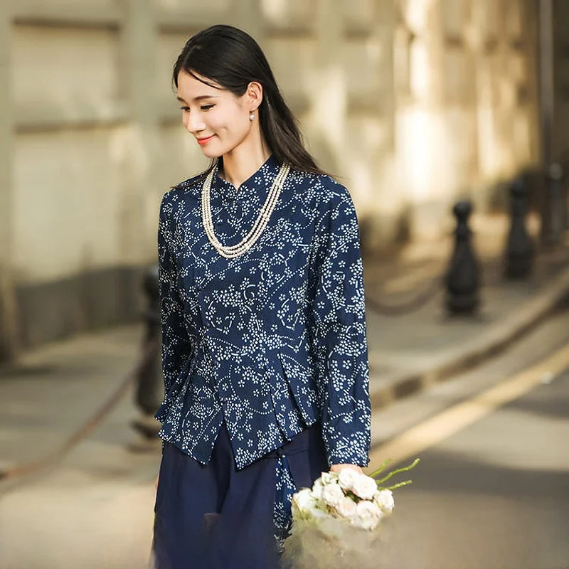 

Retro Cotton Floral Print irt Women's Slim Fit Long Sve Stand Collar T944226 a Life on the Left Autumn Winter New Arrival