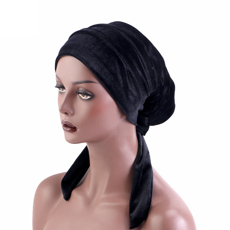 Boné de veludo monocromático para mulheres, turbante pré-amarração, fita com laço, chapéu capilar, boné de quimioterapia para câncer, chapéu africano, novo, longo, moda, 2024