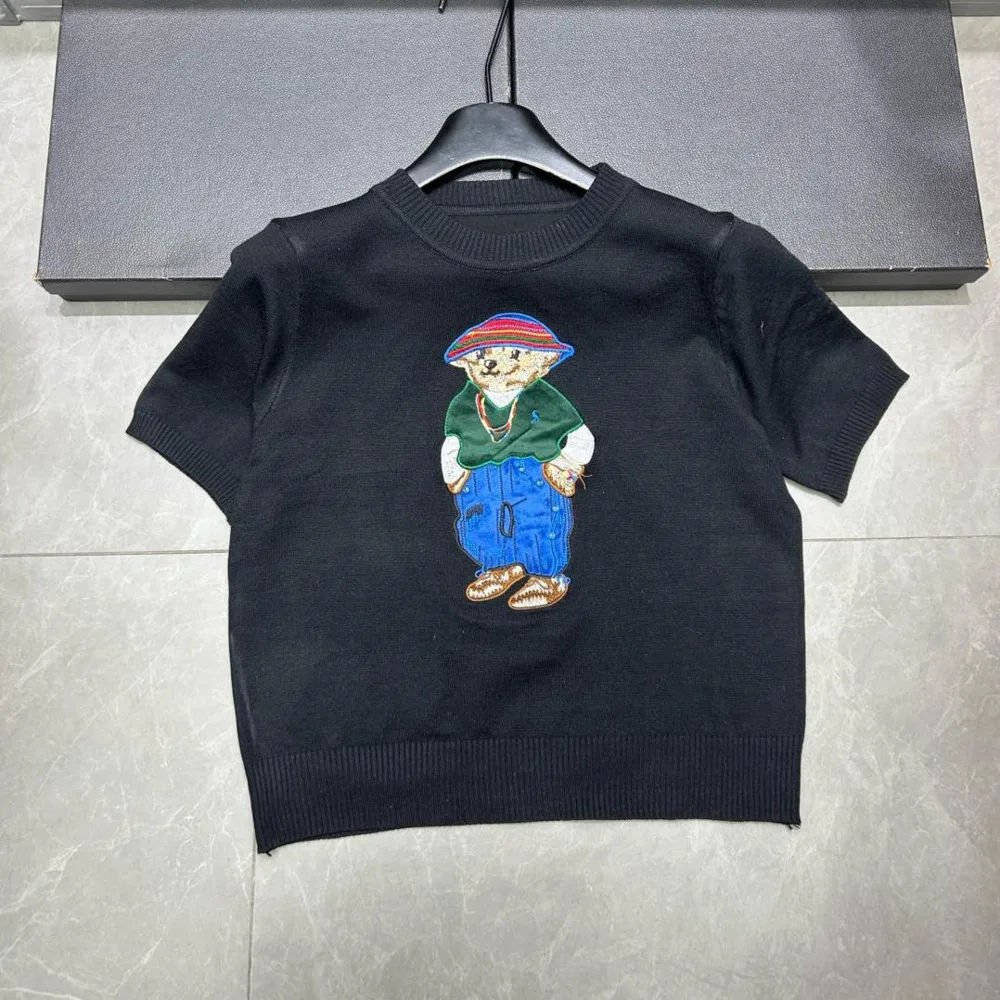 2025 Summer New Women\'s Knitted Pullover Embroidery Cartoon Bear Short Sleeve Sweater Korean Fashion Casual Thin Ladies Knitwear