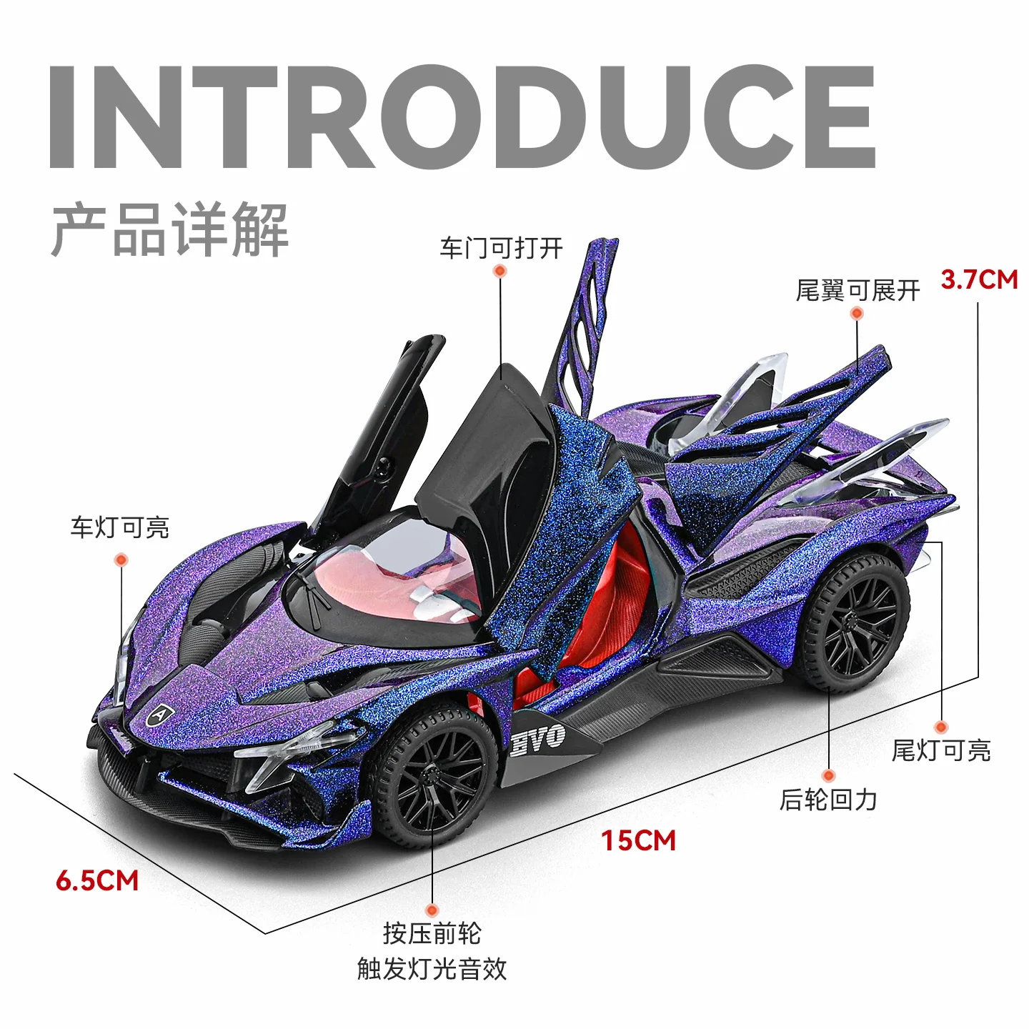 1:32 EVO Alloy Sports Car Model Metal Diecast Miniature Toy with Pull Back Sound Light Vehicles Birthday Gift
