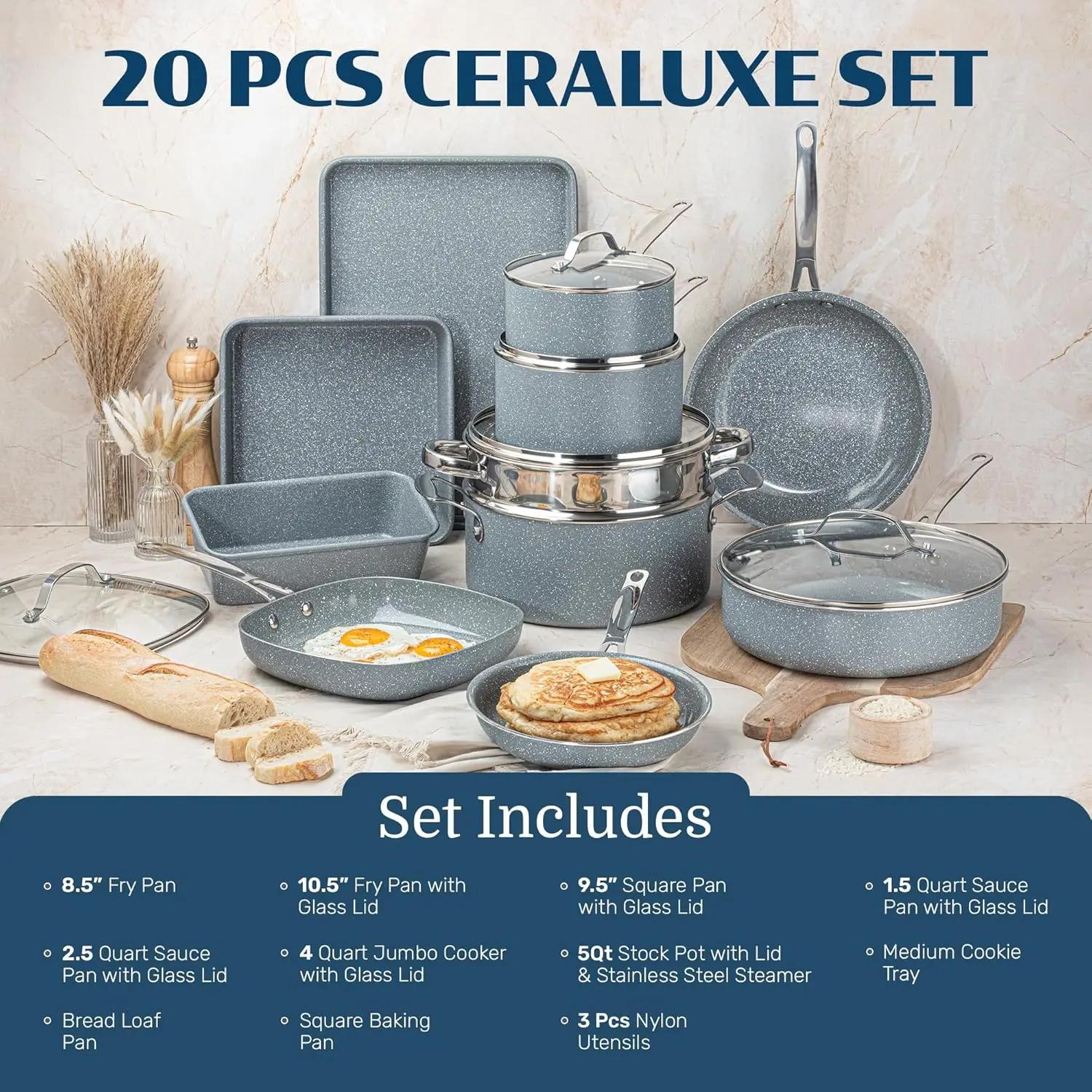 

Ceraluxe 20 Pc Ceramic Cookware Set Nonstick, Complete Pots and Pans Set Non Stick for Kitchen with Bakeware, Utensils & Steamer