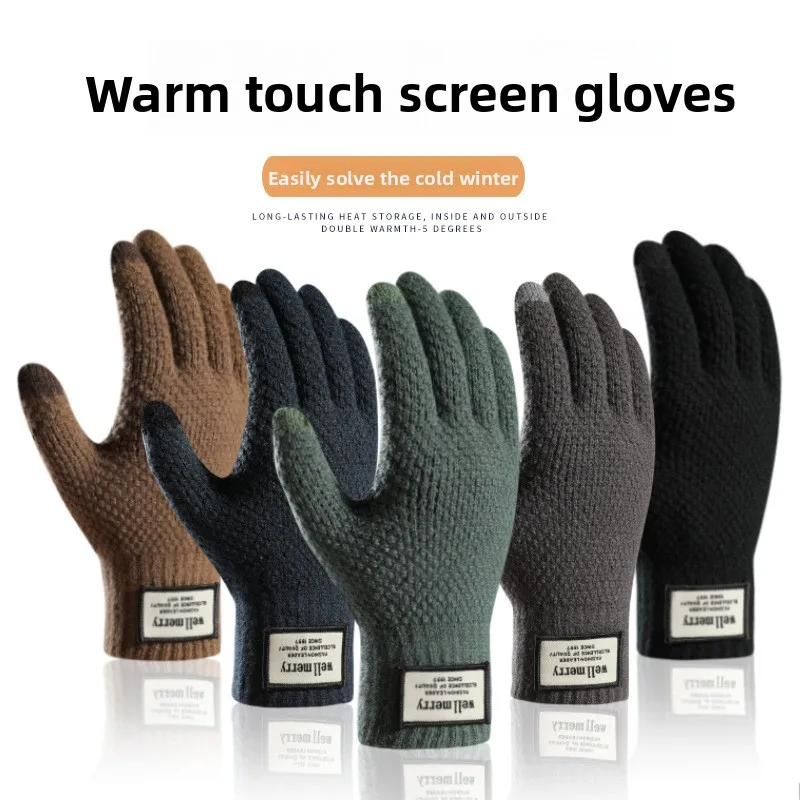 Mit Fleece gefütterte, verdickte Wollhandschuhe mit Jacquardmuster – warm und Touchscreen-kompatibel