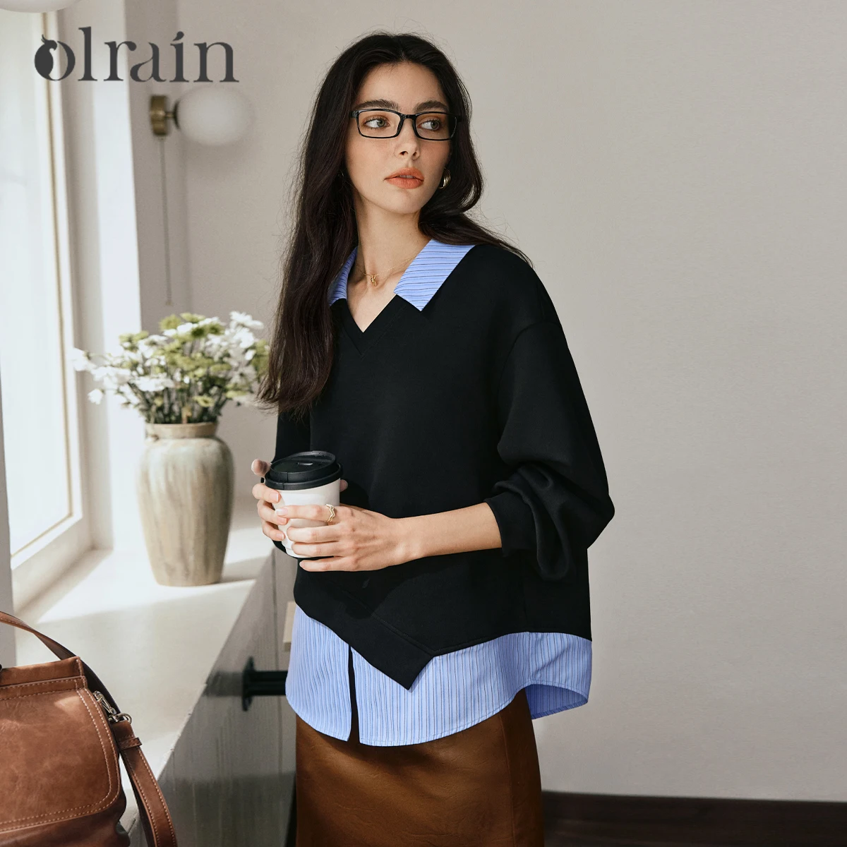 OLrain Fake Two-piece Sweatshirts for Woman Autumn 2025 New Irregular Tops Turn-down Collar Knitted Pullovers Female O57QR000836