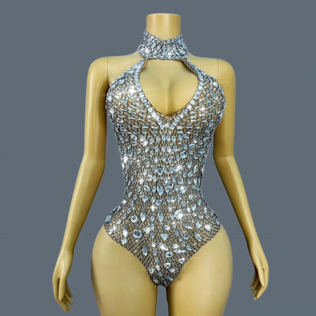 High-end Luxury Sparkly Rhinestone Swimsuit Club Singer Dance Stage Show Wear Event Elastic Outfit High Cut Thong Party Juanhua