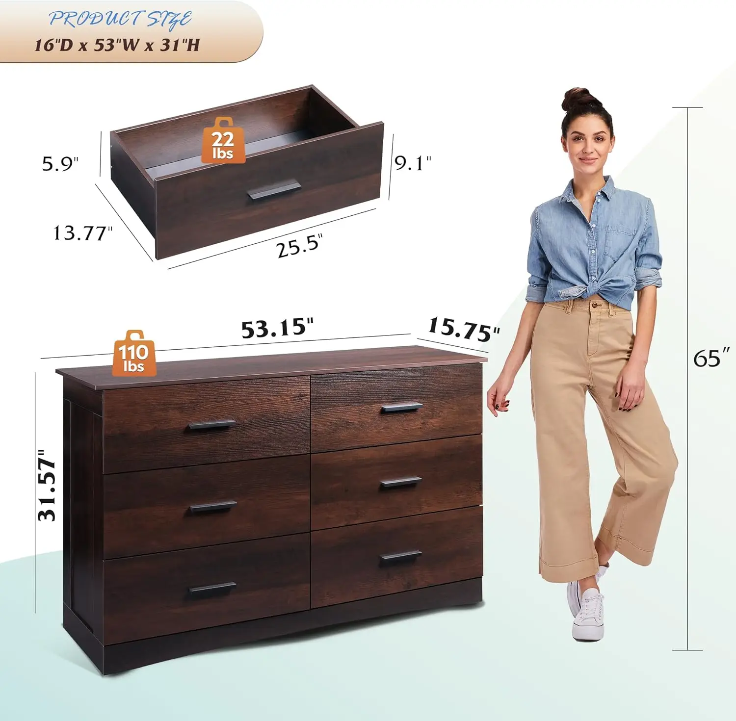 Komoda drewniana z 6 szufladami, duża brązowa szafka do przechowywania, nowoczesny minimalistyczny organizer