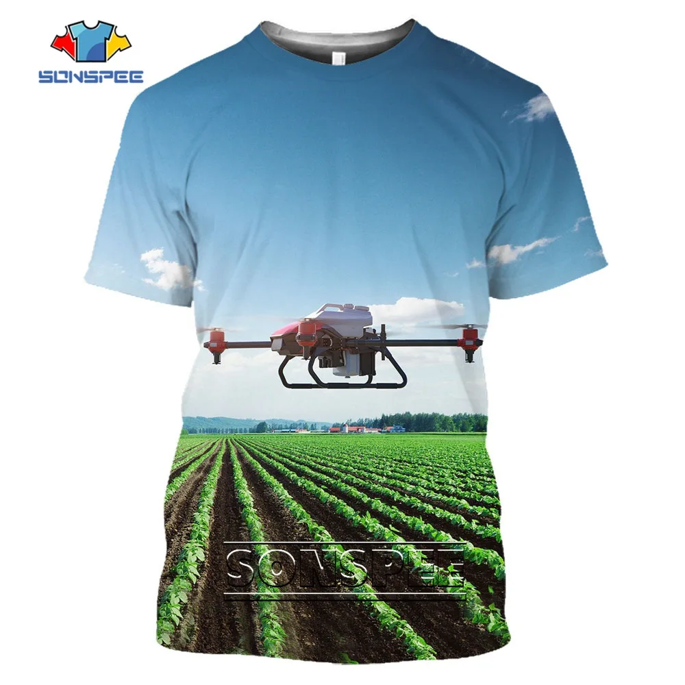 SONSPEE Agricultural Drone Pattern 3D Printed Casual Quadcopter Racing Original Collar T-shirt Men Women Punk Hip-hop Farm Tops