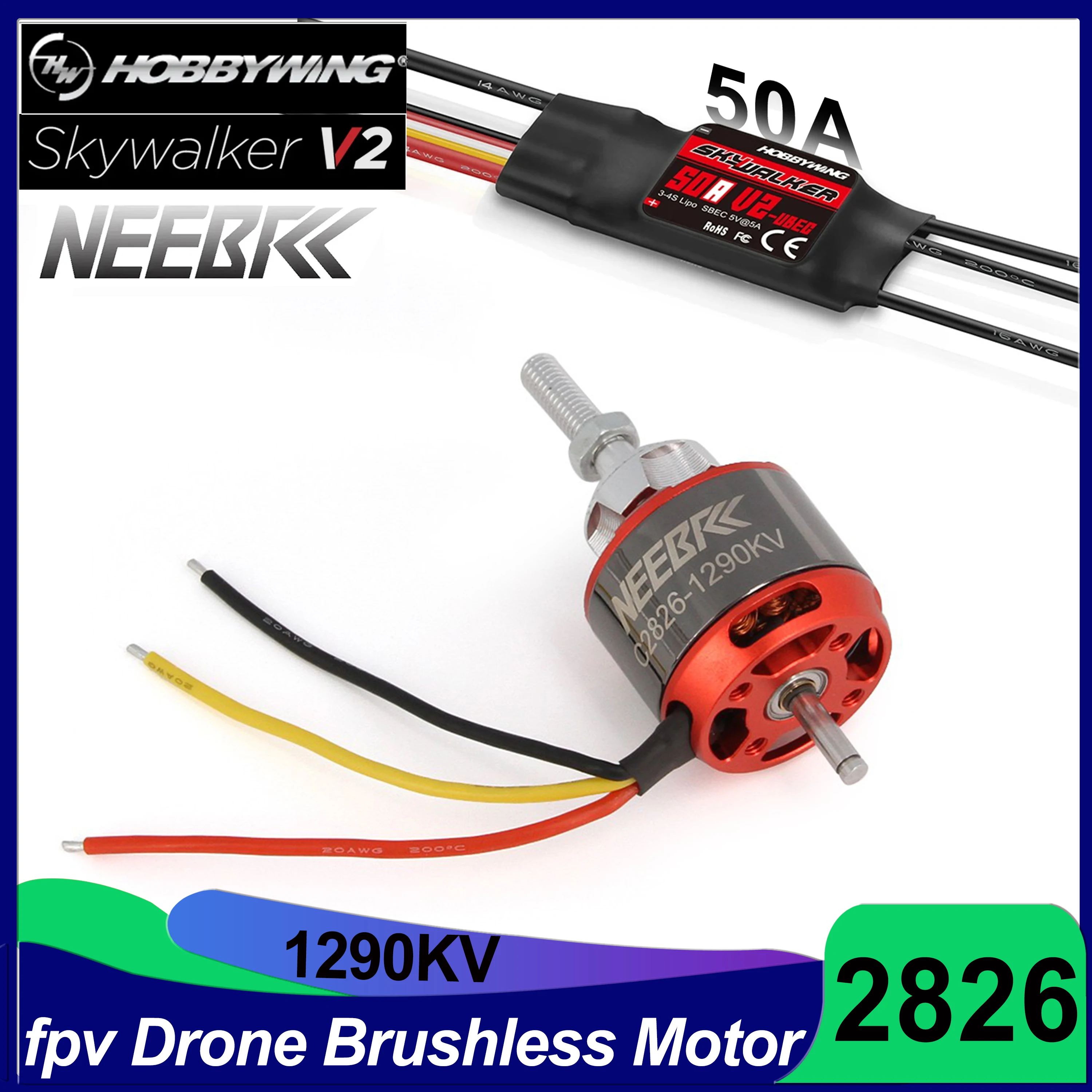 

Регулятор скорости Hobbywing Skywalker 50A V2 ESC w/ 2826 1290KV бесщеточный двигатель RC для дрона FPV квадрокоптера с фиксированным крылом 1290