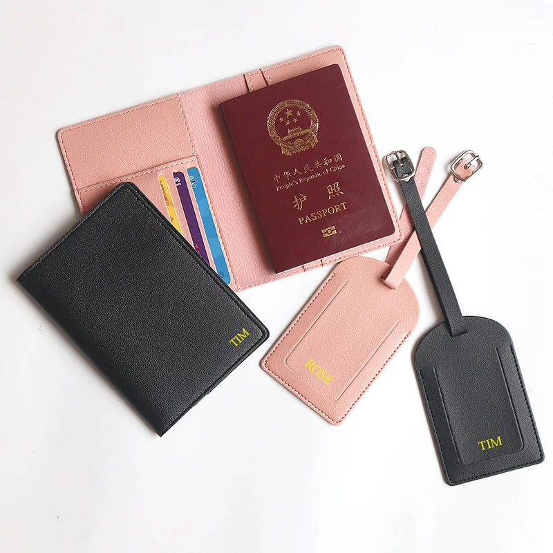 Custom Name Travel Passport Holder Set Leather Portable Luggage Tag Suitcase Label Engrave Initials Passport Cover Wallet Gift